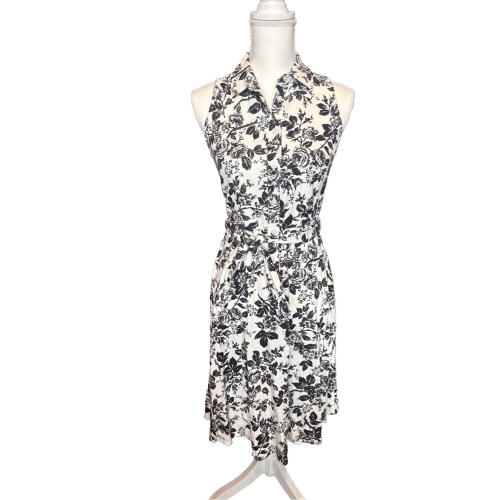 London Times Linen Floral Toile Tie Waist Dress Button Black White Size 4
